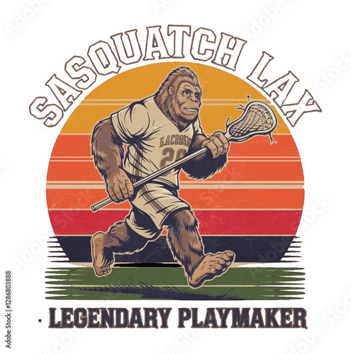 Bigfoot Playing Lacrosse Funny Vintage Mythical Sasquatch Sports Illustration