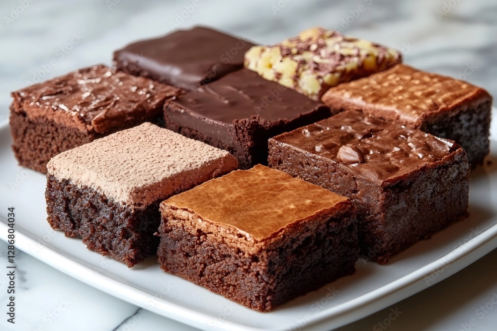 Delicious chocolate brownies with various toppings resting on white plate Delicious chocolate brownies with various toppings resting on white plate