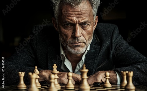 A chess-playing businessman is absorbed in contemplation as he devises a strategy for his upcoming move, embodying profound decision-making photo