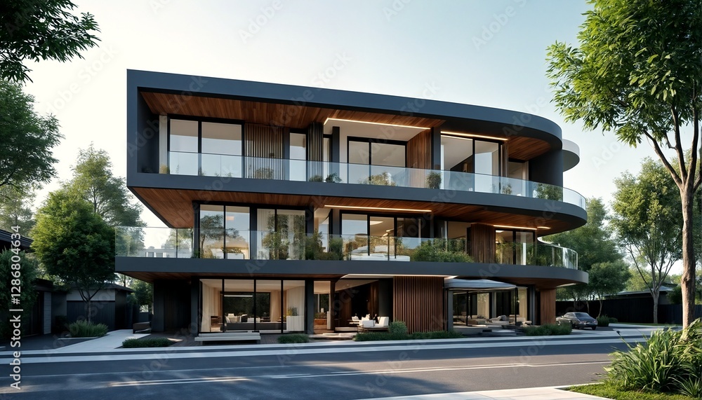Obraz premium A modern two-story house with large windows and a flat roof, featuring a contemporary design style.