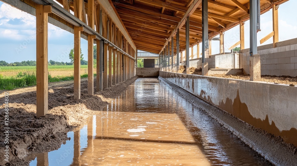 Fototapeta premium Clean and spacious pig pen with fresh water supply and well-ventilated housing for pigs.