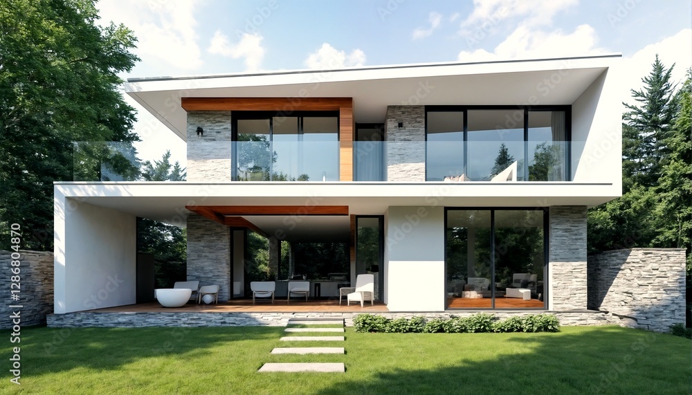 modern house with large glass windows and balcony. modern house with large glass windows and balcony.