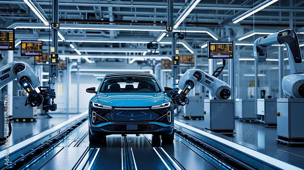 Automated Car Manufacturing Plant with Robotic Arms Assembling a Modern Electric Vehicle on a High-Tech Production Line
Automated Car Manufacturing Plant with Robotic Arms Assembling a Modern Electric Vehicle on a High-Tech Production Line