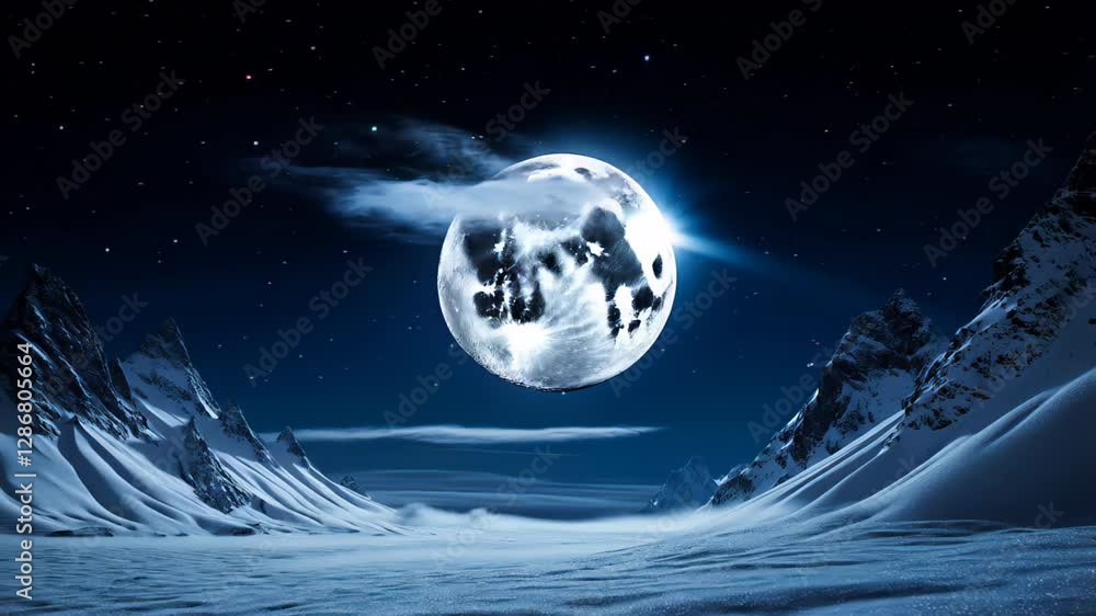 massive glowing moon hovering over icy mountain peaks, surreal and mystical winter landscape massive glowing moon hovering over icy mountain peaks, surreal and mystical winter landscape