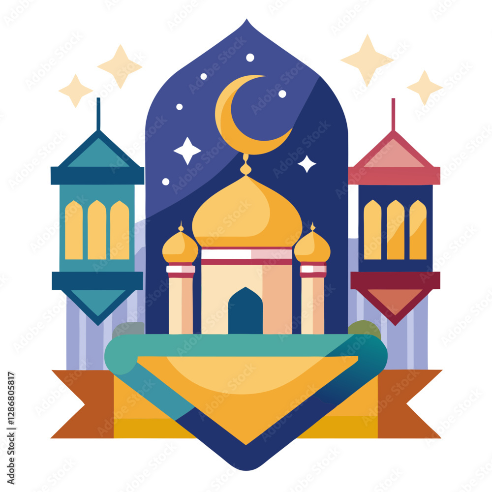 Fototapeta premium Ramadan Kareem banner, poster, greeting card, cover design with mosque, crescent moon, stars and typography in flat geometric style. vector illustation