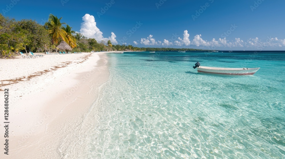 Fototapeta premium Tropical beach boat calm turquoise water sunny day relaxation