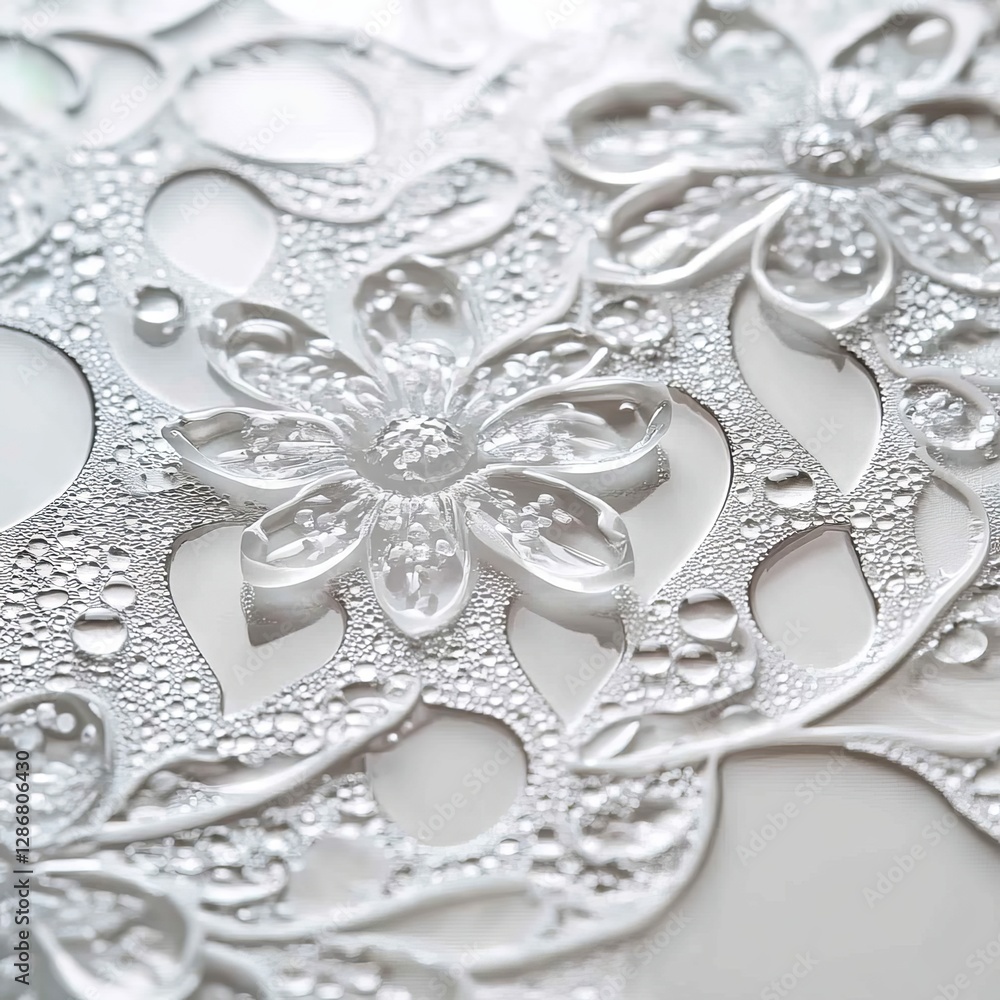 Obraz premium Floral pattern with water droplets glistening in a delicate, light design.