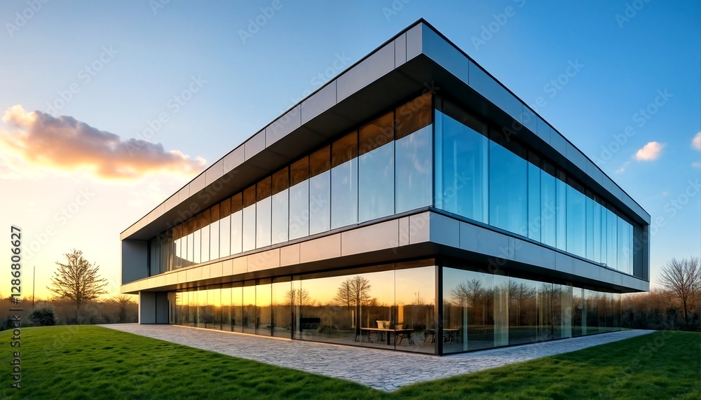 A modern building with large windows and a flat roof sits on top of a grassy hill. A modern building with large windows and a flat roof sits on top of a grassy hill.