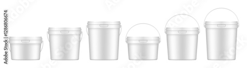 White plastic buckets with handle and lid. Vector mockup of a food or building mixtures packaging. A bucket of paint or putty. Small, medium and large sizes