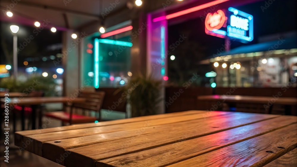 Night cafe. Close-up of wooden table with blurred background, neon lights and dark interior Night cafe. Close-up of wooden table with blurred background, neon lights and dark interior