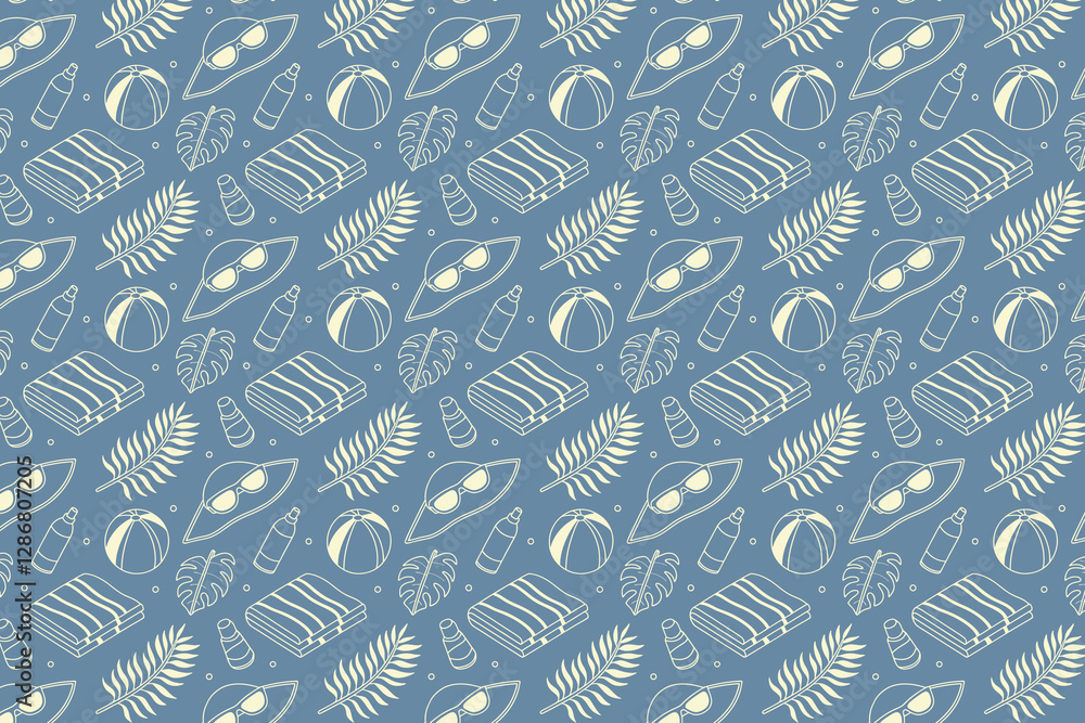 Naklejka premium Summer Beach Icons Seamless Pattern Vector Illustration Background