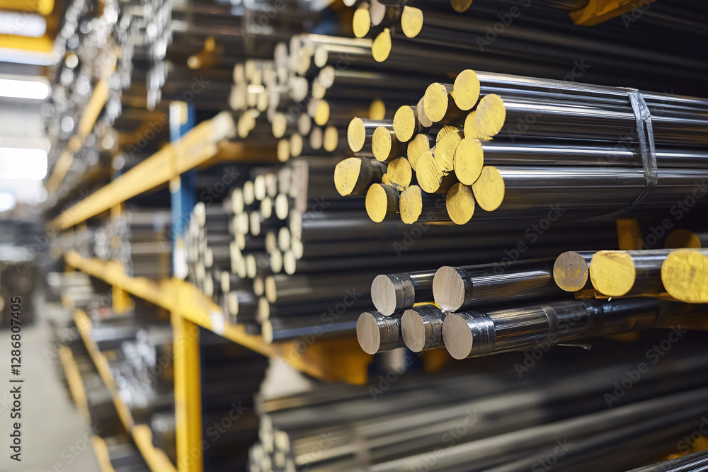 Metal Rod Storage - Steel Bars on Shelves - Industrial Warehouse Inventory - Material Supply for Manufacturing and Construction
Metal Rod Storage - Steel Bars on Shelves - Industrial Warehouse Inventory - Material Supply for Manufacturing and Construction