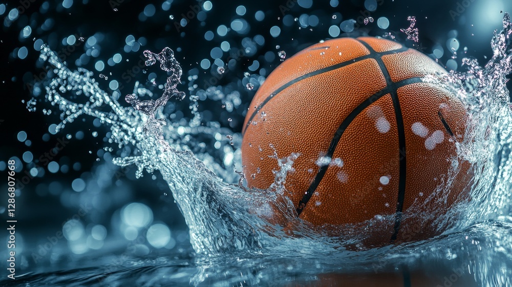 Dynamic shot of a basketball splashing into water, capturing the essence of sport and motion Dynamic shot of a basketball splashing into water, capturing the essence of sport and motion