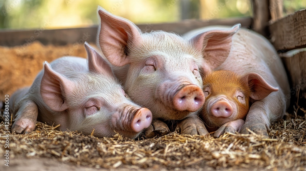 Happy pig family resting together in a comfortable and clean pig pen on a modern farm. Happy pig family resting together in a comfortable and clean pig pen on a modern farm.
