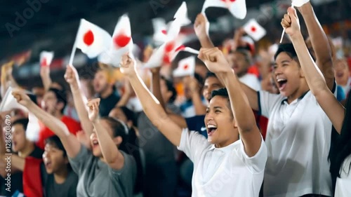 Excited fans cheering and waving Japan flags at a sports event
