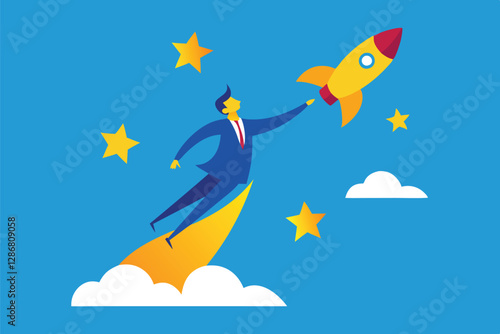 business success, rocket launch, career growth, ambition, leadership, achievement, stars, clouds, blue sky, yellow rocket, man in suit, upward trajectory, determination, goal-oriented, vibrant colors,