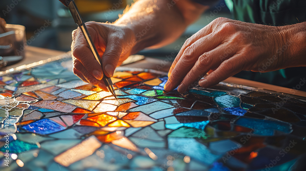 Obraz premium Craftsman assembling stained glass with vibrant colors, intricate patterns, skilled artistry, creative workspace, copy space