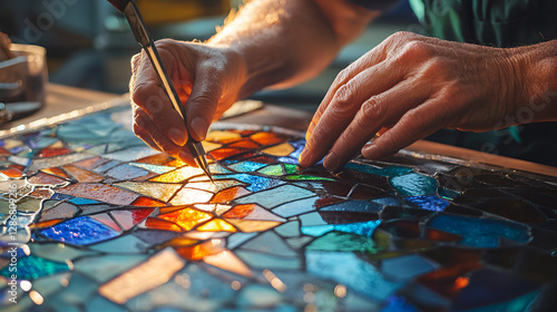 Craftsman assembling stained glass with vibrant colors, intricate patterns, skilled artistry, creative workspace, copy space