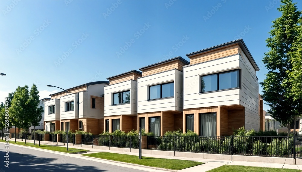 Modern townhomes set against a clear blue sky.
