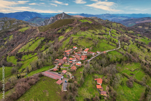 Quadro em tela Aerial view of Dolia village, Belmonte de Miranda council, Asturias, Spain