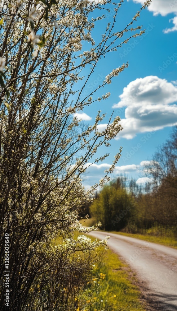 Enchanting spring scene with flowering willow branches by a forest road under a vivid blue sky