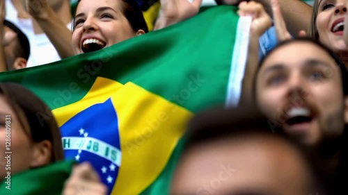 Fans celebrating and waving Brazil flag at a sports event
