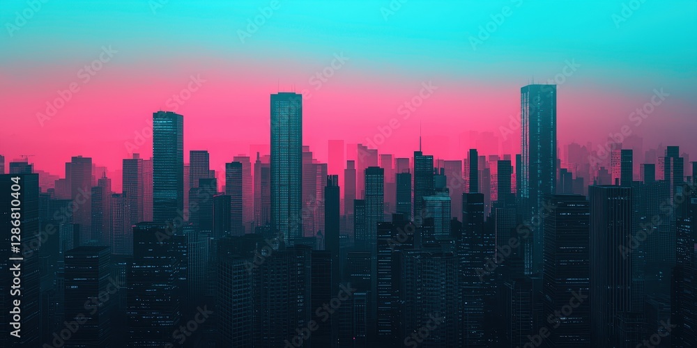 Obraz premium A vibrant city skyline silhouetted against a pink and blue gradient sky during twilight, creating a stunning urban landscape.