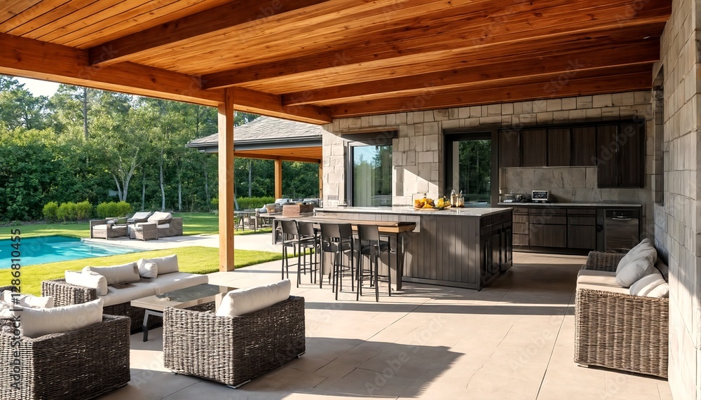 Outdoor patio with pool, bar stools and seating. Outdoor patio with pool, bar stools and seating.