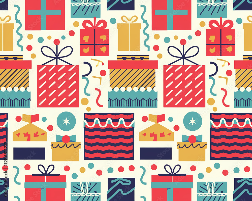 Bold modern geometric pattern featuring various colorful gift boxes and festive elements such as ribbons, stars, and confetti. Vibrant design symbolizes celebration and joy. Happy birthday background Bold modern geometric pattern featuring various colorful gift boxes and festive elements such as ribbons, stars, and confetti. Vibrant design symbolizes celebration and joy. Happy birthday background