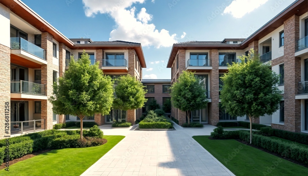 Apartment Complex with a Well-Manicured Lawn and Trees. Apartment Complex with a Well-Manicured Lawn and Trees.