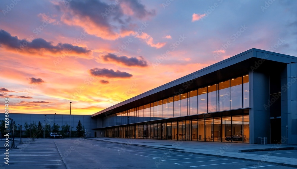 Obraz premium an industrial building with a parking lot and streetlights at sunset.