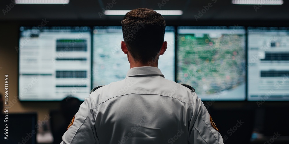 A focused individual monitors multiple screens in a high-tech control room, analyzing data and coordinating responses. A focused individual monitors multiple screens in a high-tech control room, analyzing data and coordinating responses.