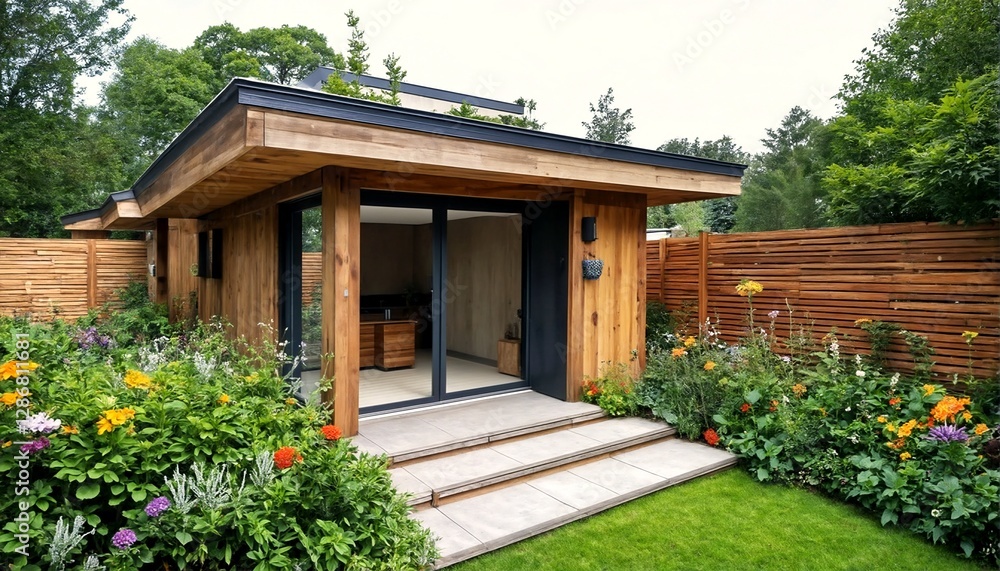 A small wooden house with large windows and a garden. A small wooden house with large windows and a garden.