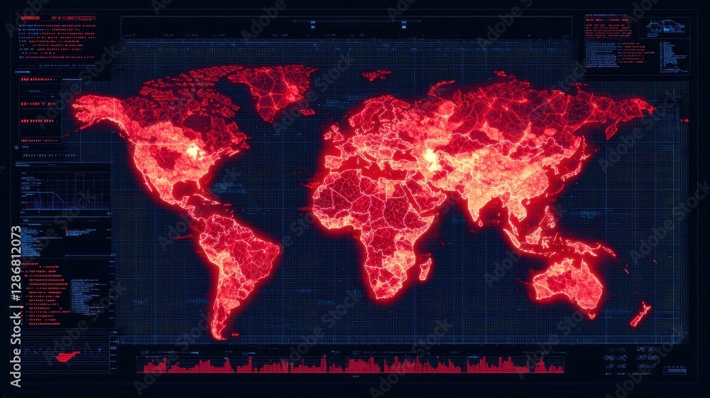 Obraz premium A vibrant, red heatmap representation of the world, displaying data patterns and geographic information, set against a dark grid background.