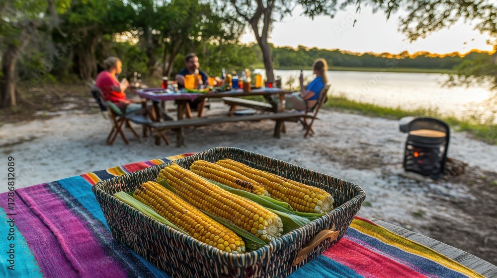 custom made wallpaper toronto digitalOutdoor Dining Experience by the Water with Colorful Table Setting and Fresh Corn Display