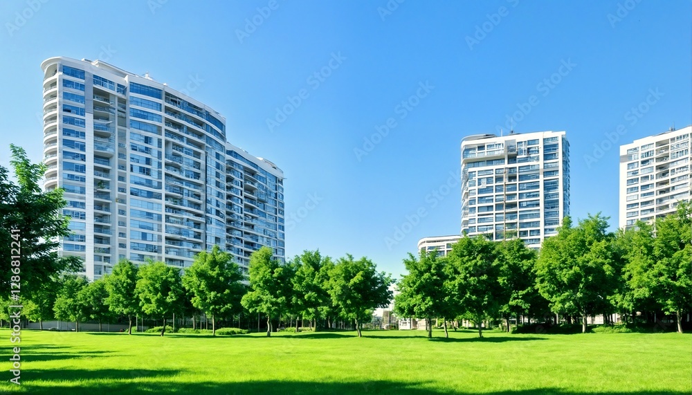 A large white building with many windows and balconies is situated on a grassy area surrounded by trees. A large white building with many windows and balconies is situated on a grassy area surrounded by trees.