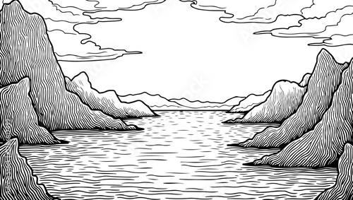 engraving style illustration of a beautiful landscape