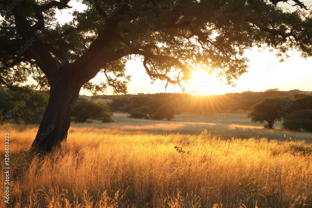 Fototapeta premium Golden sunset illuminating grassy field through oak tree branches