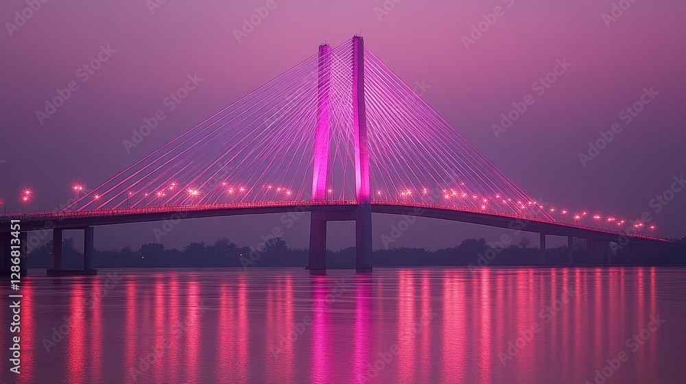 Naklejka premium A Beautiful Suspension Bridge Illuminated in Pink Over Water