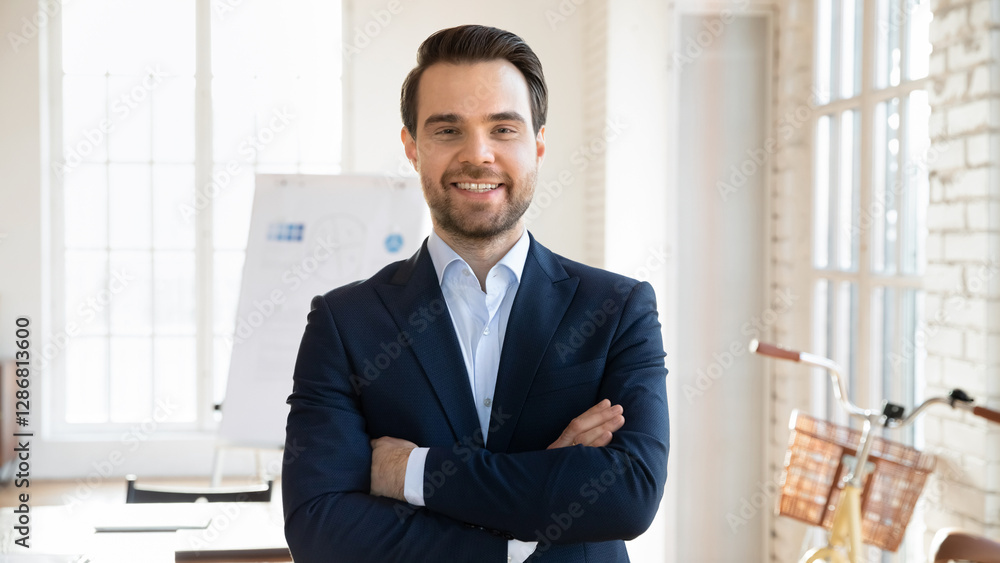 Confident, professional businessman dressed in formal jacket posing in boardroom, exudes sense of authority, competence. Profile picture of company boss, CEO, successful entrepreneur, business owner Confident, professional businessman dressed in formal jacket posing in boardroom, exudes sense of authority, competence. Profile picture of company boss, CEO, successful entrepreneur, business owner