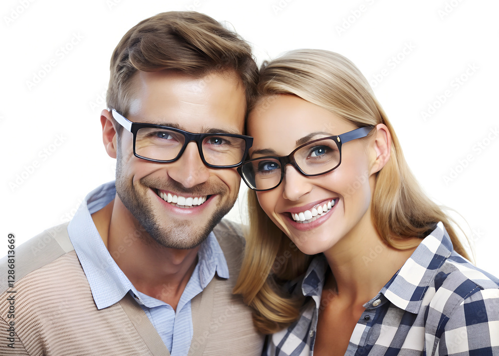 Portrait of a happy couple smiling together and wearing glasses, isolated on transparent background Portrait of a happy couple smiling together and wearing glasses, isolated on transparent background