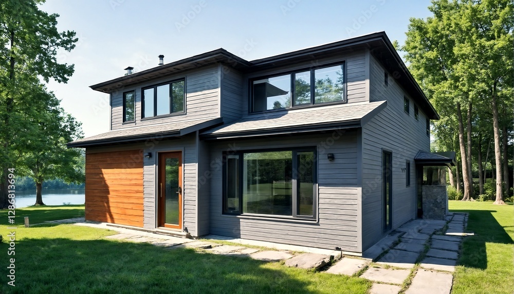 Two images of houses with gray siding and brown doors. Two images of houses with gray siding and brown doors.