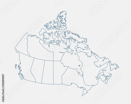 Outline Canada map isolated on white background. Canada map. Canada map outline template. Editable Canada map outline with provincial and territorial divisions. Vector illustration