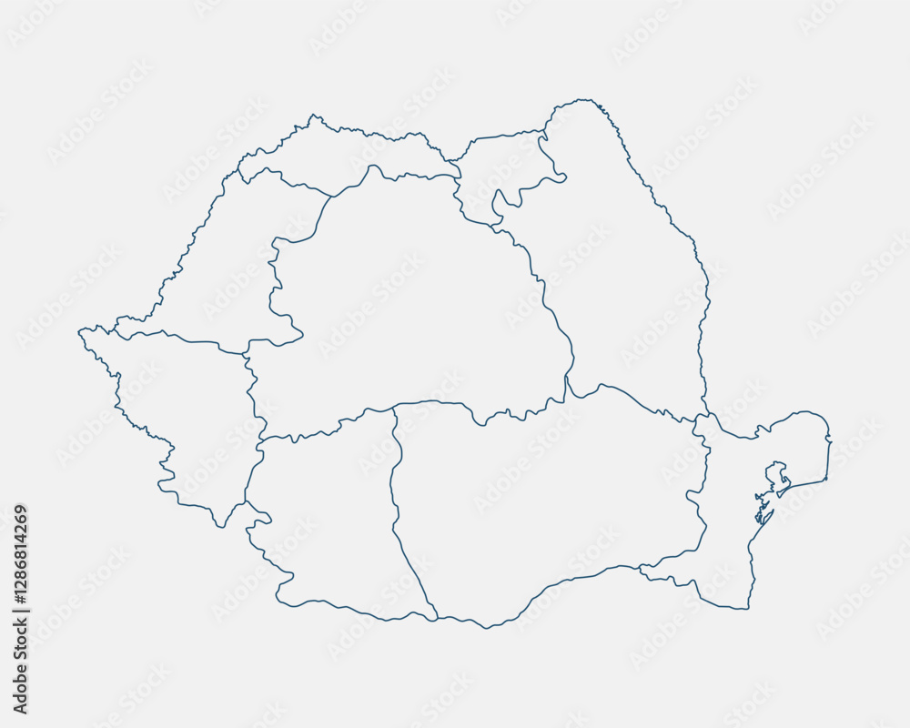 Obraz premium Outline Romania map isolated on white background. Romania map. Romania map outline template. Editable Romania map outline with regional divisions. Vector illustration