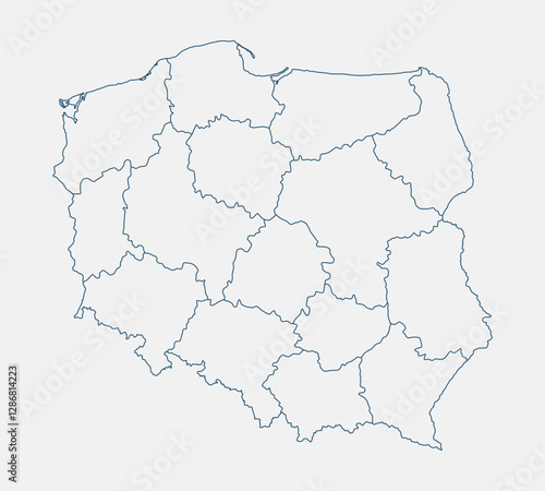 Outline Poland map isolated on white background. Poland map. Poland map outline template. Editable Poland map outline with voivodeship divisions. Vector illustration