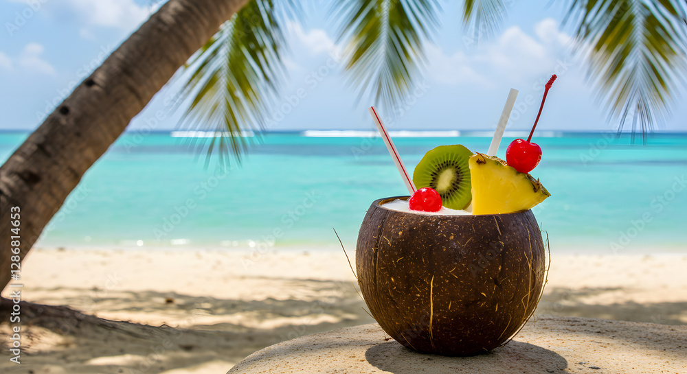 Refreshing coconut cocktail with fruit garnish by a turquoise ocean. Refreshing coconut cocktail with fruit garnish by a turquoise ocean.