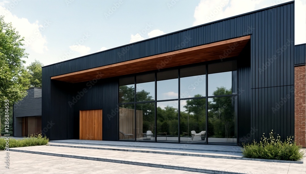 A modern house with a black exterior and large windows. A modern house with a black exterior and large windows.