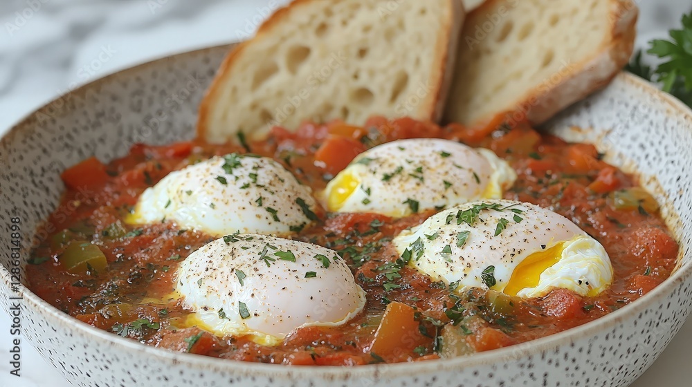 Poached Eggs in Tomato Sauce, Bread, Kitchen Poached Eggs in Tomato Sauce, Bread, Kitchen