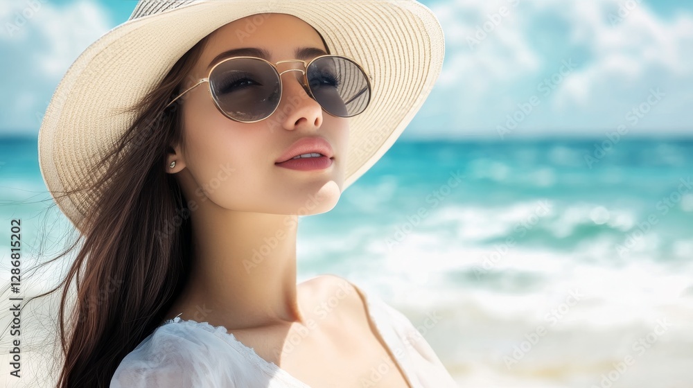 Fototapeta premium Chic woman in trendy sun hat embracing tropical beach vibes during summer getaway adventure