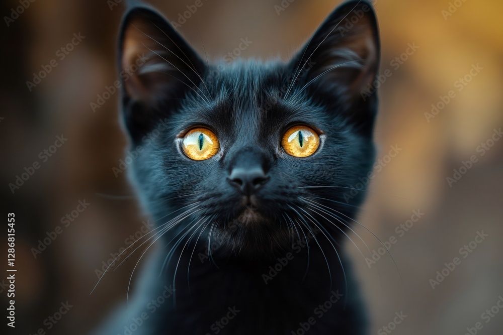 Black cat with piercing yellow eyes staring intently Black cat with piercing yellow eyes staring intently